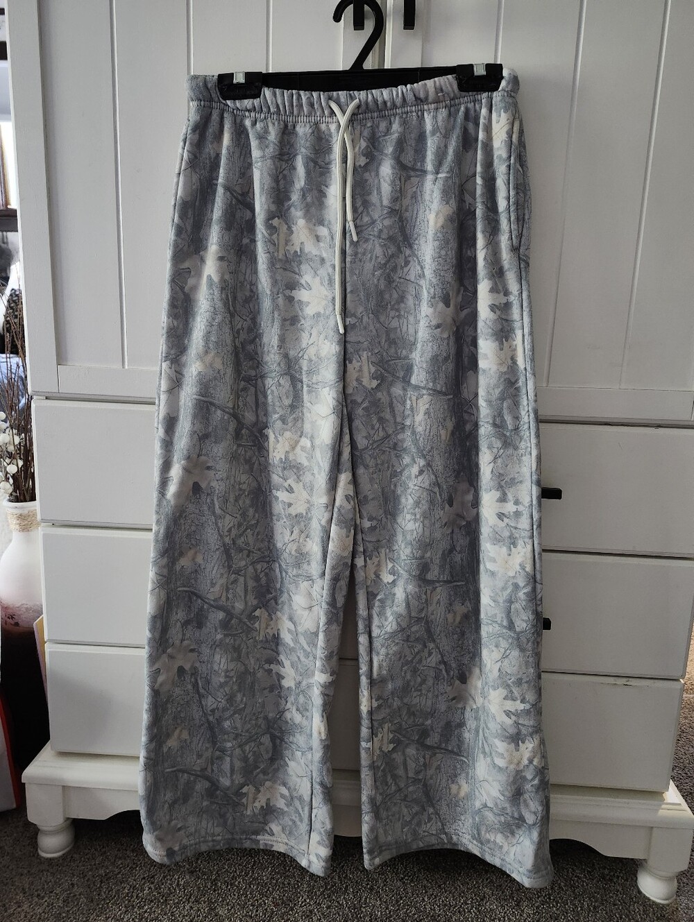 Womens Wide Leg Gray Camouflage Lounge Pants - Casual Drawstring Waist Sz S
